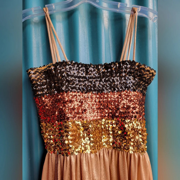 Vintage Charm Fashions 70s Tan tube top Sequin Dress Spaghetti  Straps size 8 - Picture 7 of 10